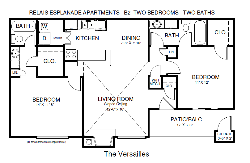 Floor plan for 2 beds, 2 baths, 954 sqft